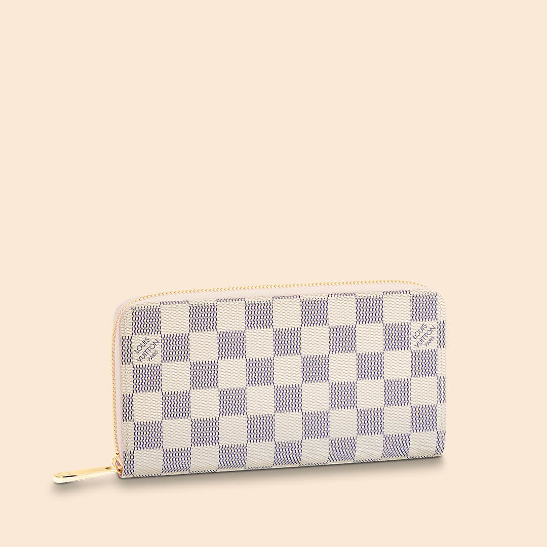 LV - Damier Azur Checkered Zip White Leather Women’s Wallet