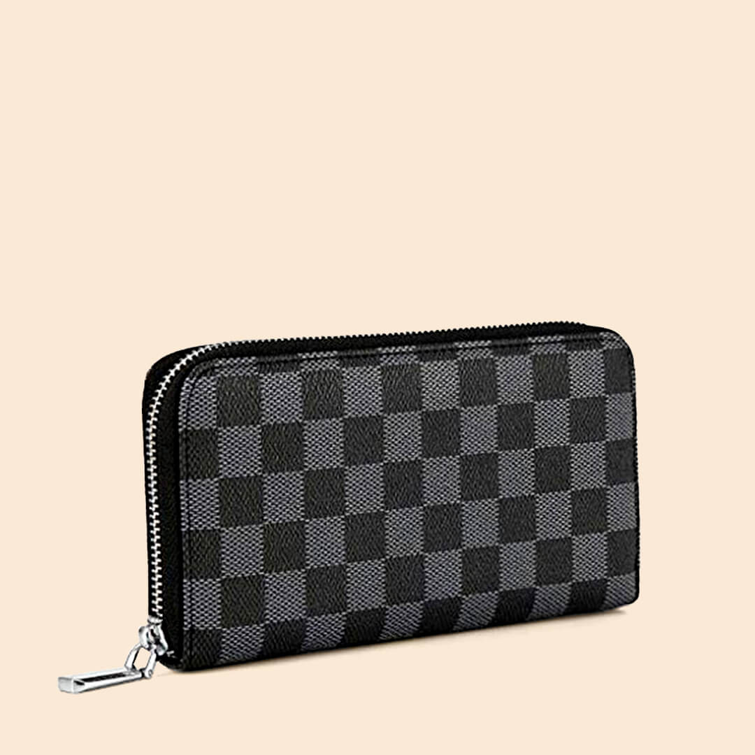 LV - Damier Black & Gray Checkered Zip Black Leather Women’s Wallet